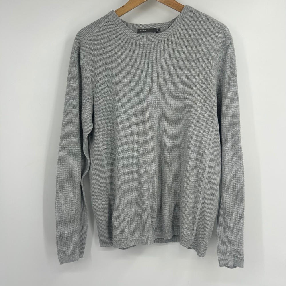 Vince Mens Heather Gray Waffle Knit Cotton Blend Crew Neck Sweater Size L